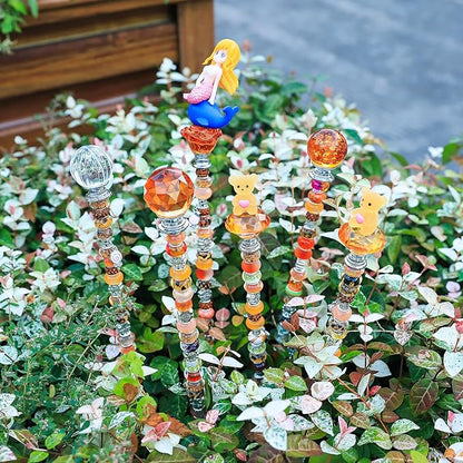 AIPRIDY DIY Crystal Beaded Fairy Wand Garden Stakes Kit, Colorful Decorative Wands with Assembly Guide, 12 or 10 Inch Threaded Rods,Outdoor Garden Decoration Set (158, Sun+Hybrid Top)