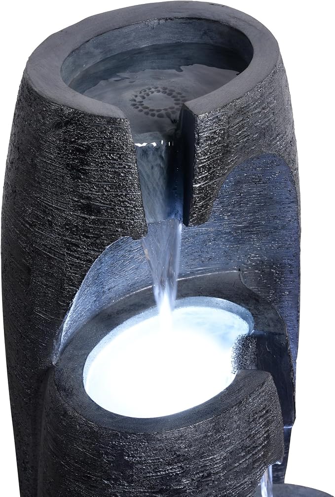 Teamson Home 3-Tier Cascading Urn Outdoor Water Fountain, Black | Cool Glow Lighting, Adjustable Flow, Electric Pump