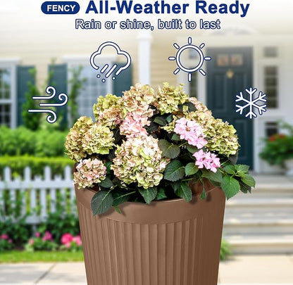 FENCY Self Watering Tall Planters Set of 2, Brown Round | 24 Inch, with Water Level Indicator& Spacious Reservoir, Plastic Tapered Pots, Weather-Resistant, Front Door Decor