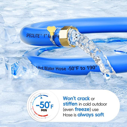 SPECILITE Hot/Cold Garden Water Hose 25 ftx 1 in, -50℉ To 190℉, Heavy Duty, Flexible, Burst 605 Psi, Lightweigh, Upgraded Rubber Pipe with 3/4" Brass Fittings For Backyard, Outdoor, Farm, Blue
