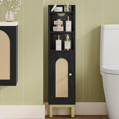 Hzuaneri Bathroom Storage Cabinet, Small Corner Floor Cabinet with Door and Shelves, Narrow Toilet Paper Holder, Bathroom Organizer with Adjustable Shelf, for Small Spaces, Rattan Black BC08204Y