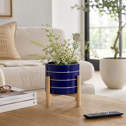 Striped Ceramic Planters with Wooden Stand for Home Decor Flower Pots for Entryway, Patio, Tabletop, and Garden - Colorful Decorative Pots for Indoor and Outdoor Plants - 9", Blue & Tan