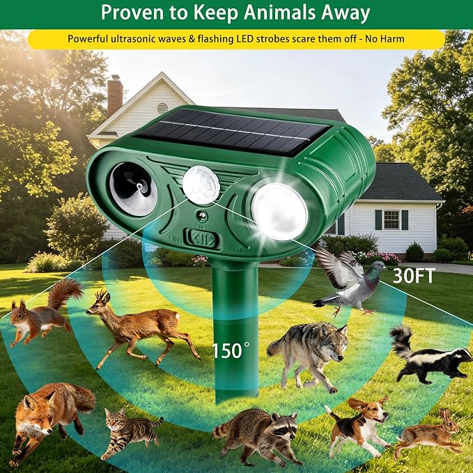 2026 New Intelligent Solar-Powered Ultrasonic Animal Deterrent – Motion Sensor + Strobe Flashing Lights – Waterproof Outdoor Repeller for Deer, Cats, Rabbits, Squirrels, Dogs, Raccoons & Skunks (4)