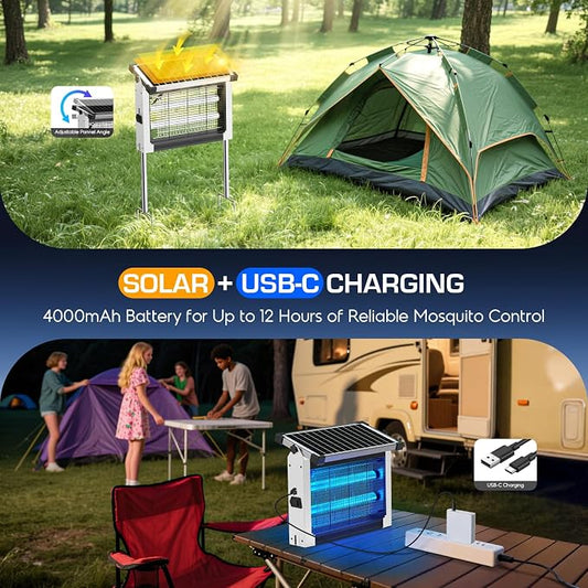 Solar Bug Zapper Outdoor Waterproof, 4500V High Power Cordless Mosquito Zapper with Smart Light Sensor, Dual Solar & USB Rechargeable Insect Killer for Patio, Garden, Backyard, Indoor & Outdoor Use