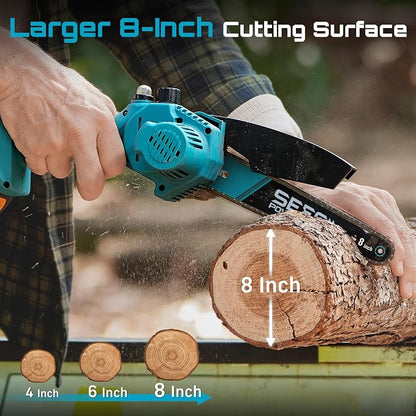 Seesii Mini Chainsaw 8-inch, Mini Chainsaw Cordless Tool Set, Battery Chainsaw with 2x 4.0Ah Batteries, Handheld Electric Power Chain Saw with Oiler, Safety Lock for Tree Trimming,Wood Cutting