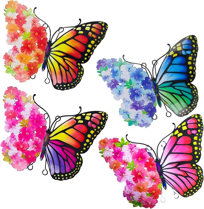 Metal Butterfly Wall Decor, 9.6" Outdoor Wall Decor Metal Yard Art, Flowers Wings Butterfly Outdoor Decor for Garden Patio Fence Outside Living Room Bedroom(4 Pack)
