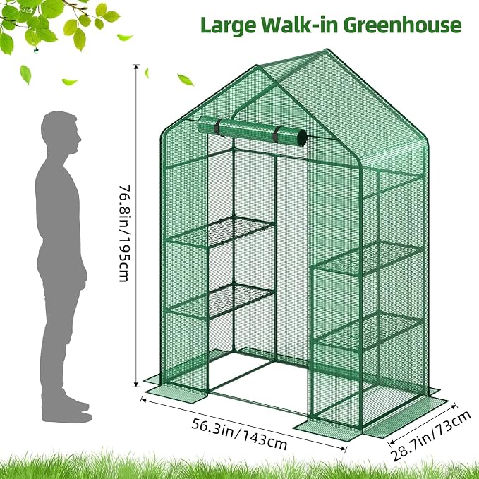 Superlele Walk-in Greenhouse for Outdoor, 56x29x77 Inch Portable Garden Green House with 6 Tiers (3 Tiers Each Side), Reinforced Green PE Mesh Cover, 4 Ground Stakes for Stability, Zippered Door