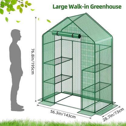 Superlele Walk-in Greenhouse for Outdoor, 56x29x77 Inch Portable Garden Green House with 6 Tiers (3 Tiers Each Side), Reinforced Green PE Mesh Cover, 4 Ground Stakes for Stability, Zippered Door