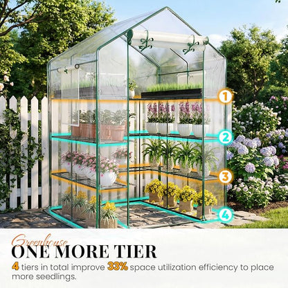 KING BIRD Premium Greenhouse for Outdoors, 56x56x78 in Walk-in Hot House with Thickened Cover, Reinforced Frame, Screen Windows & Mesh Door, 4 Tiers 12 Shelves for Outside Garden Seedlings, Clear