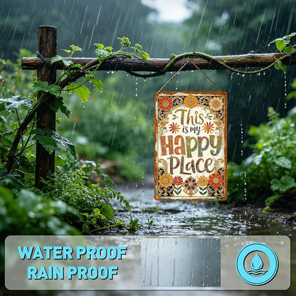 Funny Garden Metal Signs, Vintage Outdoor Wall Decor 8x12 Inch | This Is My Happy Place, Boho Weatherproof Aluminum Sign for Patio Yard Greenhouse, Gift For Gardeners