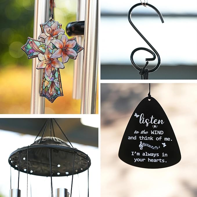 YU FENG Cross Memorial Wind Chime, Lily Flower Crystal Suncatcher | 34 Inch Outdoor Metal Chime, Religious Sympathy Gift, Remembrance Decor For Loss Of Loved One, Garden Patio Hanging