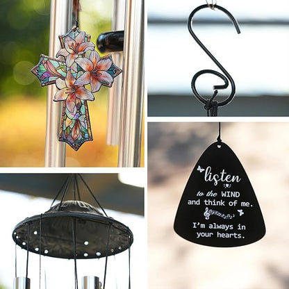 YU FENG Cross Memorial Wind Chime, Lily Flower Crystal Suncatcher | 34 Inch Outdoor Metal Chime, Religious Sympathy Gift, Remembrance Decor For Loss Of Loved One, Garden Patio Hanging