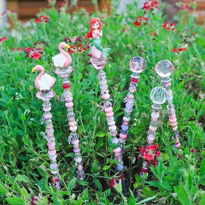 AIPRIDY DIY Crystal Beaded Fairy Wand Garden Stakes Kit, Colorful Decorative Wands with Assembly Guide, 12 or 10 Inch Threaded Rods,Outdoor Garden Decoration Set (158, Pink+Hybrid Top)