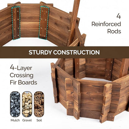 VINGLI Wooden Wishing Well Outdoor Planters, Well Covers for Yard with 4 Reinforced Rods, Height Adjustable Hanging Bucket, Rustic Flower Pot Decor for Outside Patio Garden(Carbonized, 25" Width)