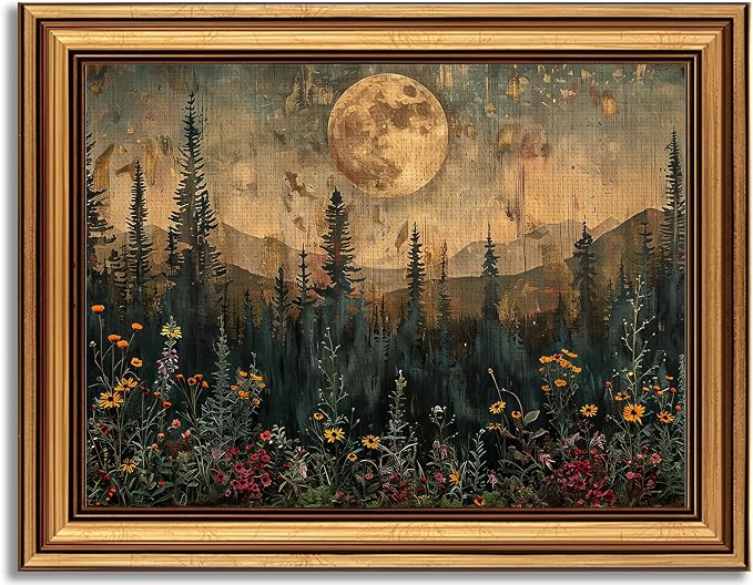 Devunaty Gold Framed Vintage Forest Full Moon Wall Art, Moonlit Pine Tree Wall Decor Paintings,Wildflowers and Mountains Rustic Woodland Nature Landscape Picture Canvas Print for Living Room 16"x24"