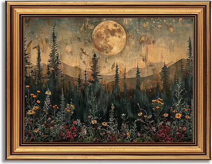 Devunaty Gold Framed Vintage Forest Full Moon Wall Art, Moonlit Pine Tree Wall Decor Paintings,Wildflowers and Mountains Rustic Woodland Nature Landscape Picture Canvas Print for Living Room 16"x24"