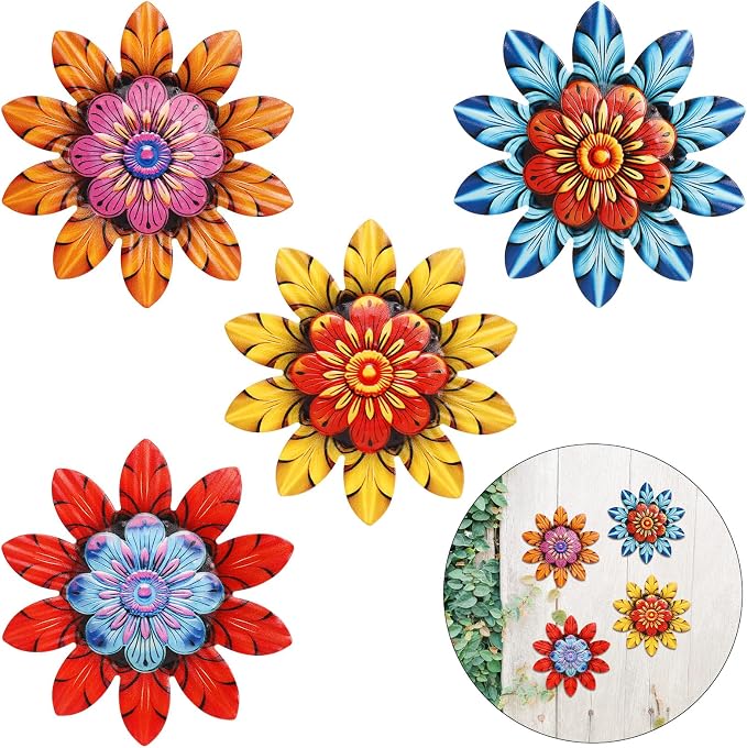 BINBE 4Pcs Metal Flower Wall Decor Outdoor Garden Hanging Sculpture 4 Styles Colorful Metal Flower Decor for Patio Garden Fence Yard Patio Balcony Living Room