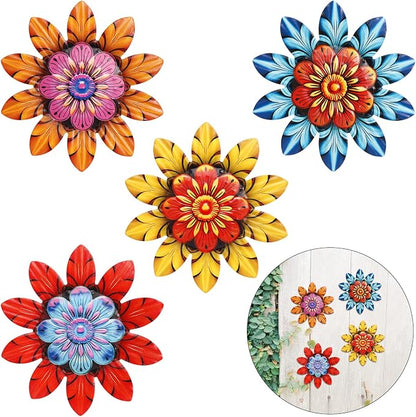 BINBE 4Pcs Metal Flower Wall Decor Outdoor Garden Hanging Sculpture 4 Styles Colorful Metal Flower Decor for Patio Garden Fence Yard Patio Balcony Living Room