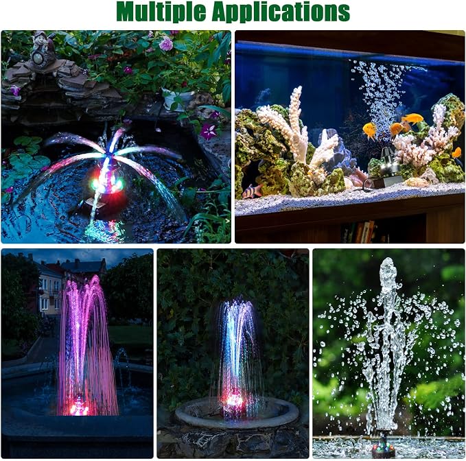 SZMP Bird Bath Fountains, Upgraded 24-Hours Working Bird Bath Fountain Pump with Light & 7 Nozzle, 16.4Ft Power Cord & Adapter, Adjustable Water Pump for Garden, Fish Tank, Outdoor (Colorful)