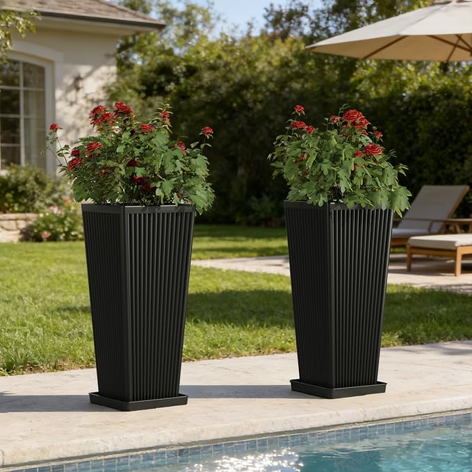Tall Black Planters Outdoor Set of 2-24" Modern Tapered Plastic Planters for Outdoor Plants with Drainage Holes/Partition/Tray, Large Indoor Planter for Porch Patio Garden Front Porch
