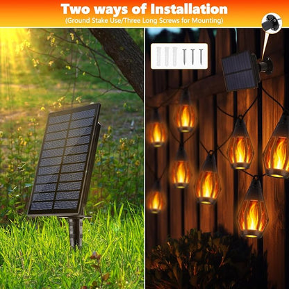 iBaycon Solar Flame String Lights, 27Ft 10 LED Bulbs Waterproof, Warm White | Ultra-Real Flickering Flame Lamp Outdoor Waterproof, Solar Patio String Lights for Garden Yard Lawn Decorations