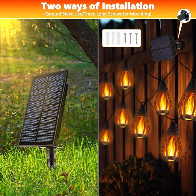 iBaycon Solar Flame String Lights, 42Ft 15 LED Bulbs Waterproof, Warm White | Ultra-Real Flickering Flame Lamp Outdoor Waterproof, Solar Patio String Lights for Garden Yard Lawn Decorations