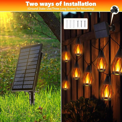 iBaycon Solar Flame String Lights, 42Ft 15 LED Bulbs Waterproof, Warm White | Ultra-Real Flickering Flame Lamp Outdoor Waterproof, Solar Patio String Lights for Garden Yard Lawn Decorations