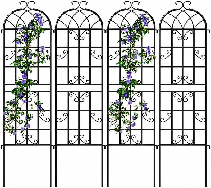 4-Pack 71" Black Metal Garden Trellises with Butterfly Design | Set of 4 black metal trellises with butterfly arch tops, scrollwork, spiked legs, and support for roses, vines, or veggies