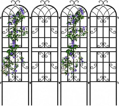 4-Pack 71" Black Metal Garden Trellises with Butterfly Design | Set of 4 black metal trellises with butterfly arch tops, scrollwork, spiked legs, and support for roses, vines, or veggies