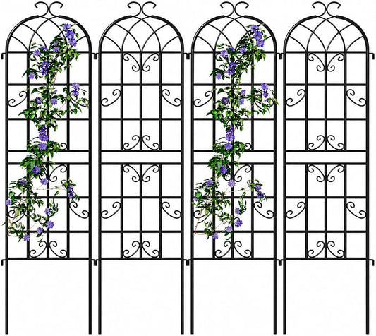 4-Pack 71" Black Metal Garden Trellises with Butterfly Design | Set of 4 black metal trellises with butterfly arch tops, scrollwork, spiked legs, and support for roses, vines, or veggies