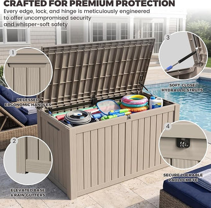 Outdoor Storage Box, 180 Gallon Waterproof Deck Box [Upgraded 3.1], Large Resin Storage with Hydraulic Gas Lifts for Cushions, Lawn Mower Tools Chest Bench, Large Backyard, Grey