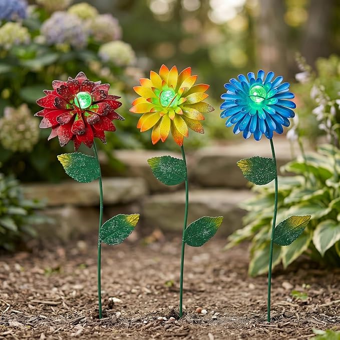 14 Inch Glow in The Dark Flower Garden Stakes, 3 Pack Colorful Metal Yard Decor with Luminous Beads, Outdoor Night Glow Garden Stakes for Lawn, Patio & Flower Beds