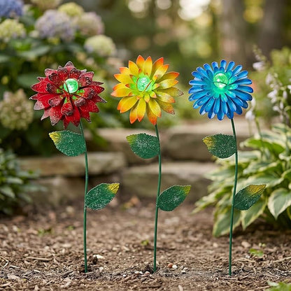 14 Inch Glow in The Dark Flower Garden Stakes, 3 Pack Colorful Metal Yard Decor with Luminous Beads, Outdoor Night Glow Garden Stakes for Lawn, Patio & Flower Beds