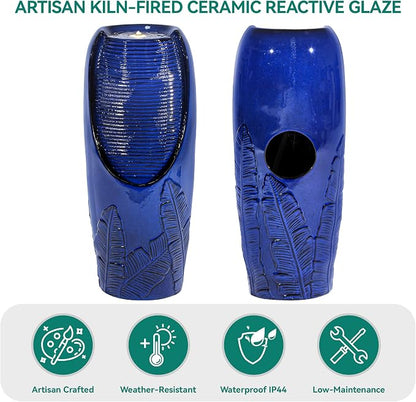 Autodaya 33" H Ceramic Jar Outdoor Water Fountain with Lights, Cobalt Blue | Natural Charm Water Feature with 3D Tropical Leaf Pattern, Soothing Cascading Waterfall for Peaceful Garden Patio Yard Porch