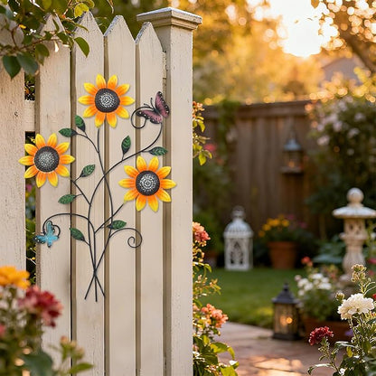 DETENE Metal Sunflower Wall Decor with Butterfly 3D Colorful Outdoor Wall Art Fence Decorations for Patio Metal Flowers Wall Hanging Ornament for Garden Porch Living Room Balcony Farmhouse (yellow-night light)