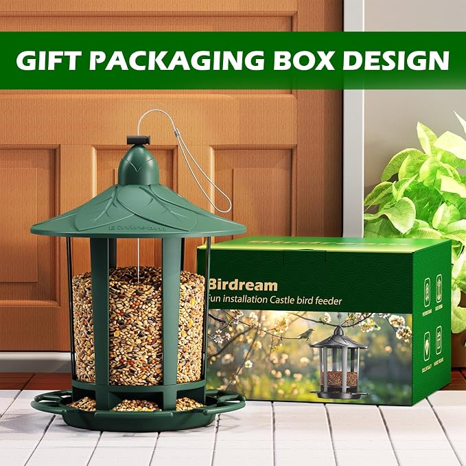 Birdream Bird Feeders for Outdoor Hanging, Assembly Required, 1-Min Easy Setup, Charming Castle Design, Attracting Cardinals Chickadees Goldfinches & Sparrows - Green
