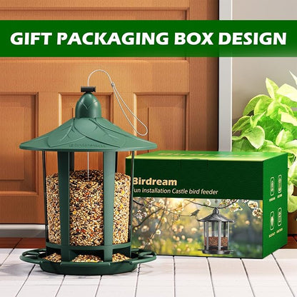 Birdream Bird Feeders for Outdoor Hanging, Assembly Required, 1-Min Easy Setup, Charming Castle Design, Attracting Cardinals Chickadees Goldfinches & Sparrows - Green