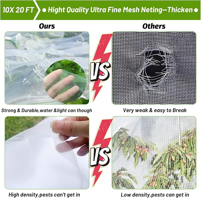 Cludoo 67pcs Garden Mesh Netting Kit,6 Sets Wide Garden Hoops with 10x20 ft Garden Covers Bird Netting& 12 Clips, Garden Protection for Raised Beds Greenhouse Vegetable Plants Flowers Animals