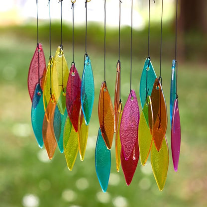 Solar Wind Chimes Outdoor with Glass and Copper (Glass Leaf 2) | Solar Powered, Garden Decor, Patio Decor, Glass and Copper, Outdoor Use