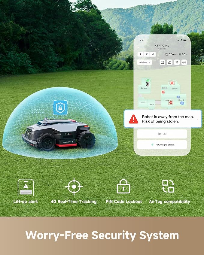 DREAME Robot Lawn Mower A3 AWD Pro 2500 + Garage Set, Wire Free No RTK, 4WD for 38.7° Slopes, Dual AI Vision Robotic Lawn Mowers,Dual-Disc Cutting for 0.62 Acre