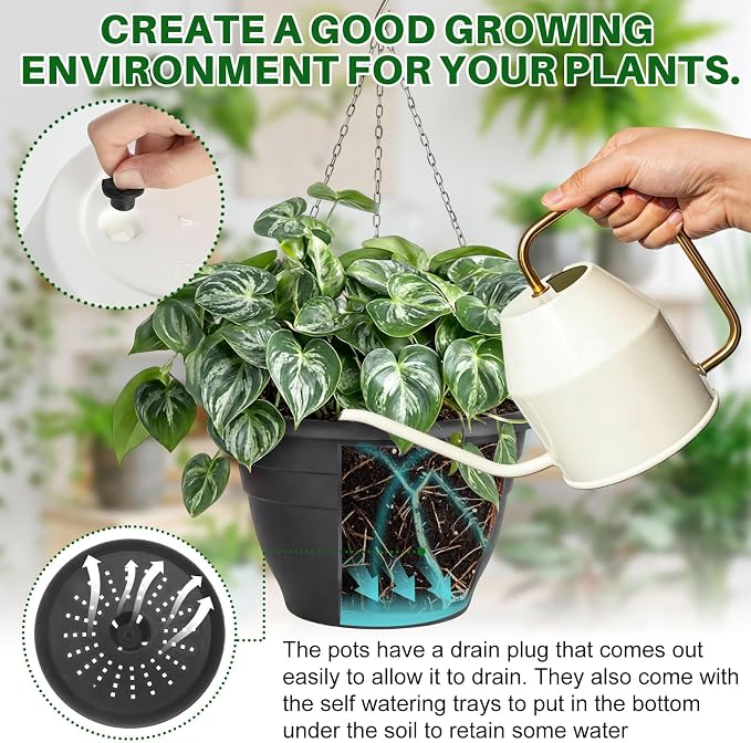 20 Pcs 10 Inch Plastic Hanging Planter Bulk Self Watering Hanging Baskets for Plants with Holes and Chain Plant Pot Outdoor Indoor Planter for Garden, Balcony, Porch, Patio Decor