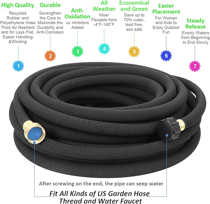 STYDDI Soaker Hose, 1/2" x 75 FT Round Rubber Garden Soaker Hose, Heavy Duty Water Seeper Soaker Hoses for Foundation Watering, Garden Beds, Garden, Lawn and Plants