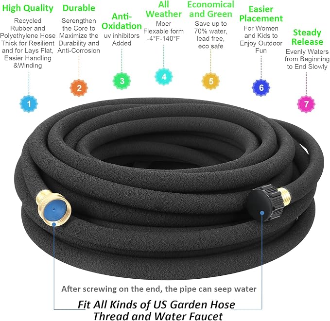 STYDDI Soaker Hose, 1/2" x 25 FT Round Rubber Garden Soaker Hose, Heavy Duty Water Seeper Soaker Hoses for Foundation Watering, Garden Beds, Garden, Lawn and Plants