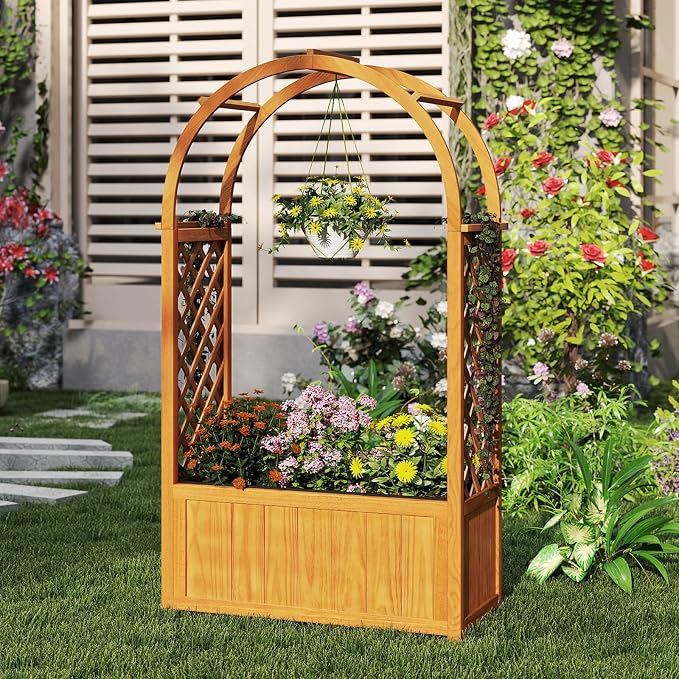 HAPPYGRILL Raised Garden Bed with Trellis, Wooden Elevated Planter Box w/Ached Roof & Detachable Bottom Panels, Liner, Drainage, Indoor Outdoor Wood Planter for Climbing Plants Vine Flower (1)