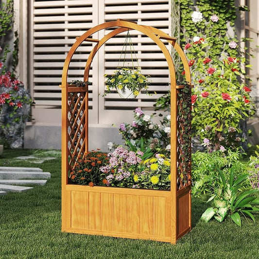 HAPPYGRILL Raised Garden Bed with Trellis, Wooden Elevated Planter Box w/Ached Roof & Detachable Bottom Panels, Liner, Drainage, Indoor Outdoor Wood Planter for Climbing Plants Vine Flower (1)