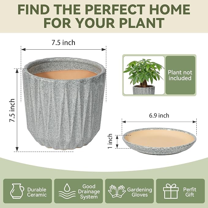 7.5 Inch Ceramic Planter Pot with Saucer Drainage Leak-Proof Mesh,Flower Pots for Indoor Plants with Gardening Gloves,Ceramic Planter(Stone Grey)