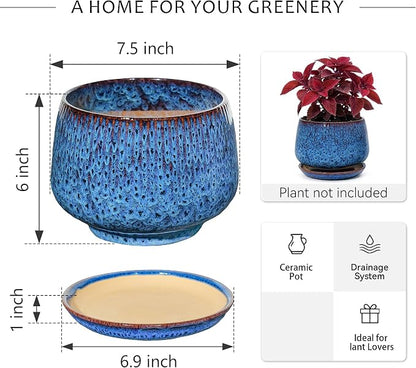 7.5 Inch Ceramic Planter with Saucer,Modern Garden Pots with Drainage Hole Mesh Net, for Indoor Outdoor Use (Speckle Blue)