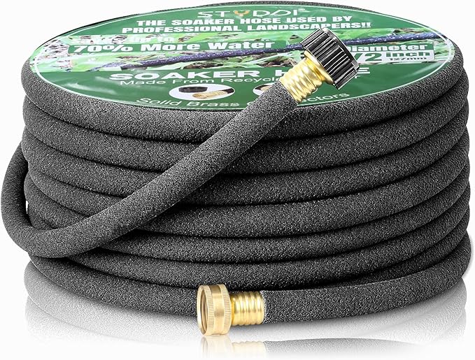 STYDDI Soaker Hose, 1/2" x 50 FT Round Rubber Garden Soaker Hose, Heavy Duty Water Seeper Soaker Hoses for Foundation Watering, Garden Beds, Garden, Lawn and Plants
