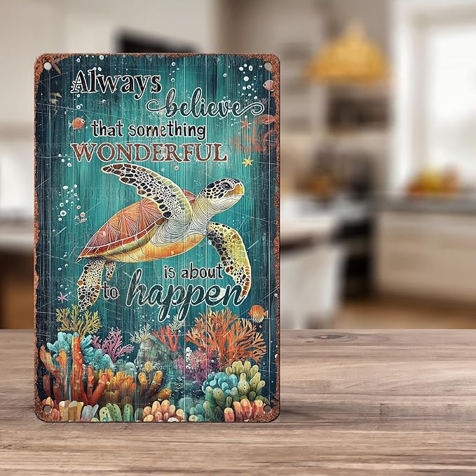 Turtle Wall Decor Fitness Tin Sign Vintage Metal Sign Sea Turtle Gifts Inspirational Quote for Office Bedroom Living Room Home Decoration 12 * 8inch