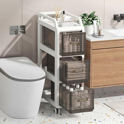 Bathroom Storage with Drawers, 9.8" Wide Wide Slim Storage Cabinet with Wheels for Small Spaces, Narraw Cart for Kitchen Office Bedroom Dinning Room Under Desk, 29.7" Tall